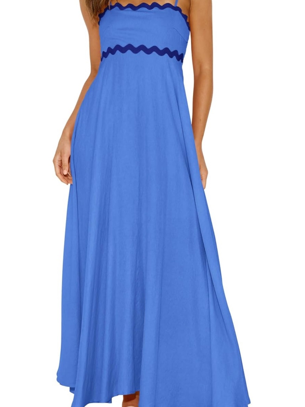 Amazon Blue Strapless Maxi Dress with Navy Trim